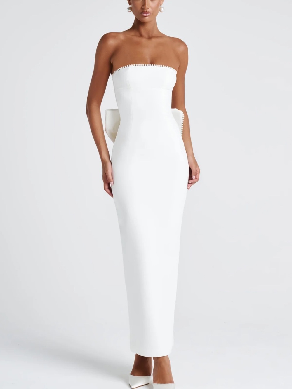 Strapless White Column Gown with Statement Back Bow